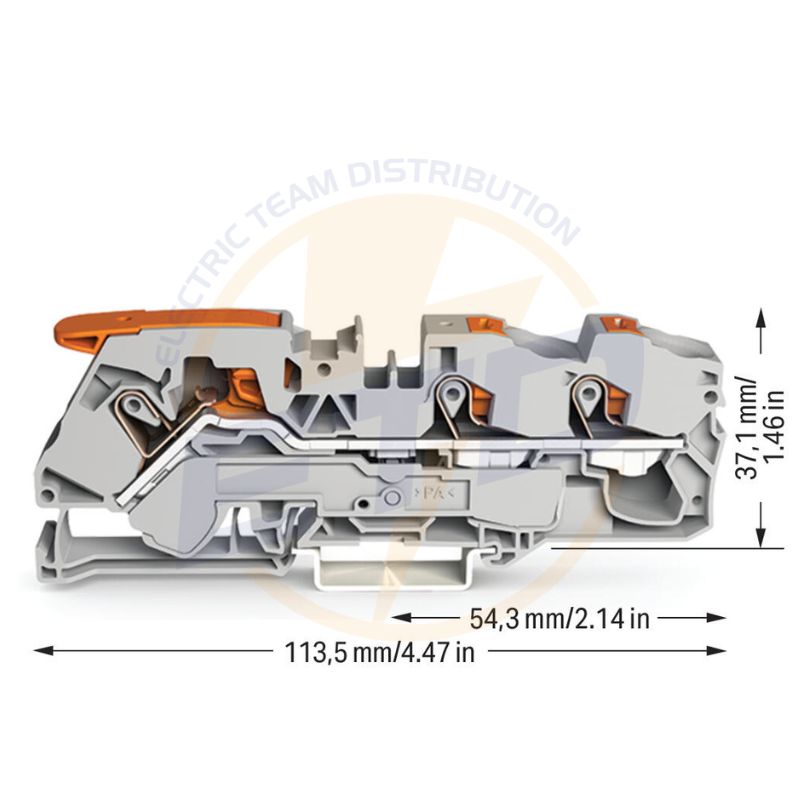 Clema sir Wago cu 3 conductori, 16mmp, gri, cu levier şi buton cu reţinere 2116-5301 (2)