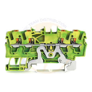 Clema sir de trecere cu 4 coductori 2,5 mmp, buton si contact sina DIN, WAGO 2202-1407 Verde galben