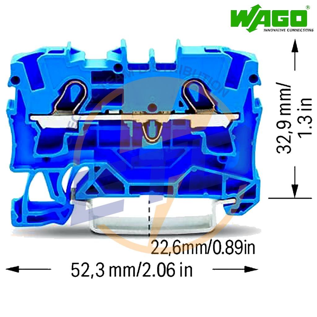 Clema sir de trecere cu 2 conductori 4 mmp push-in WAGO 2004-1204 Albastra - dimensiuni