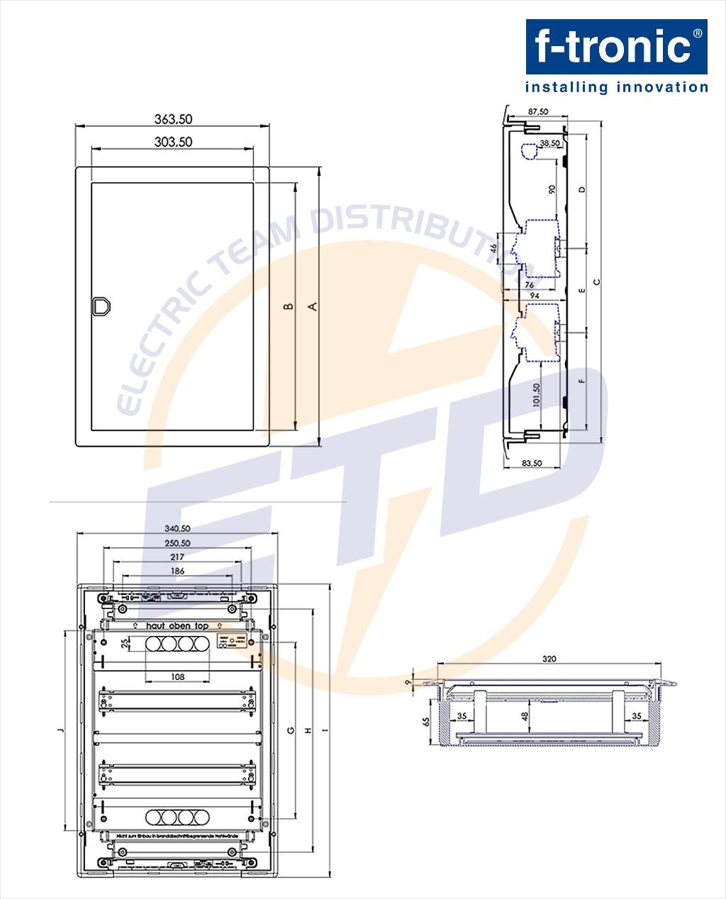 Tablou electric incastrat 60 module F-Tronic Jumbo 60+10 bara PE-N cu suruburi - Dimensiuni