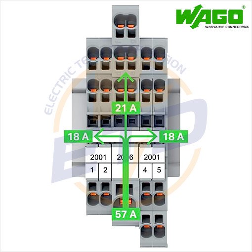 Clema sir derivatie 1x6 mmp, 6x1,5 mmp WAGO 2006-8031-000-053 Gri Galben - Exemplu de conectare 1