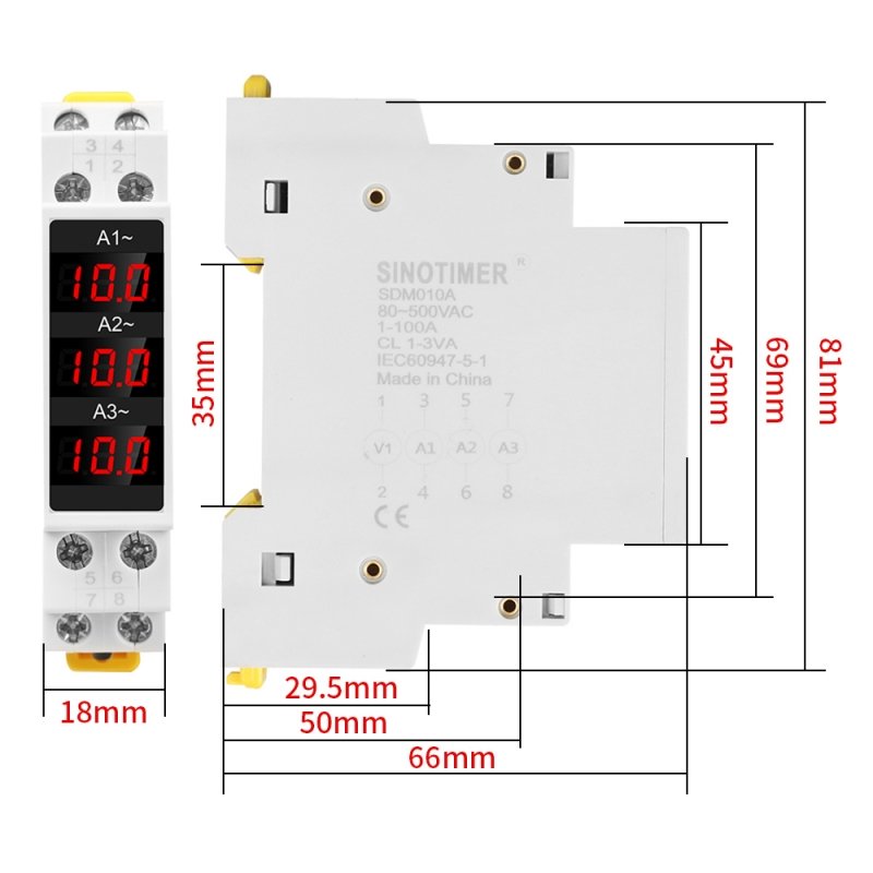 Ampermetru trifazic pentru tablou electric pe sina DIN SINOTIMER SDM010A 2
