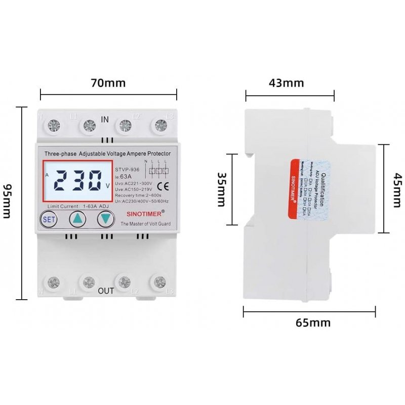 Releu protectie supratensiune si subtensiune trifazat 1-63A SinoTimer STVP-936-63A