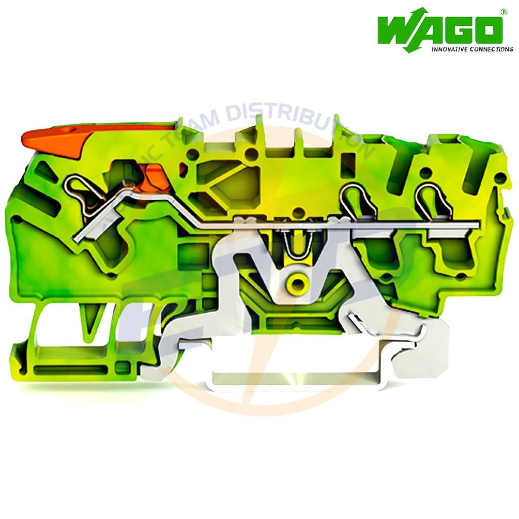 Clema sir de trecere cu 3 conductori 2,5 mmp levier push-in si contact sina DIN WAGO 2102-1307 Verde Galben