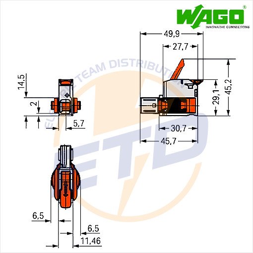 Conector cu 1 pol pentru conductor de 16 mmp WAGO 832-1101-011-000-037-000 Mama - Dimensiuni