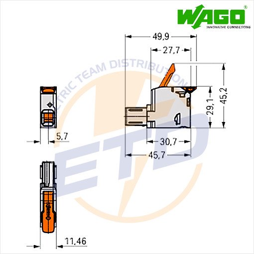Conector cu 1 pol pentru conductor de 16 mmp WAGO 832-1101-011-000 Mama fara blocaj - Dimensiuni
