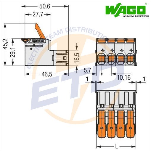 Conector cu 3 poli ordonati pentru conductor de 16 mmp WAGO 832-1103-037-9037 Mama - Dimensiuni