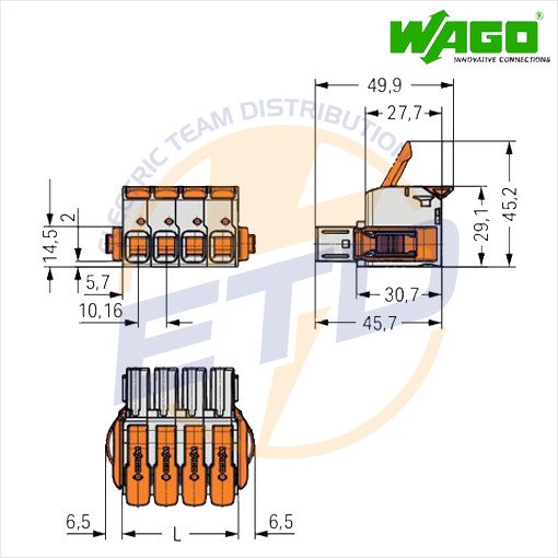 Conector cu 5 poli ordonati pentru conductor 16 mmp WAGO 832-1105-037-000 Tata - Dimensiuni