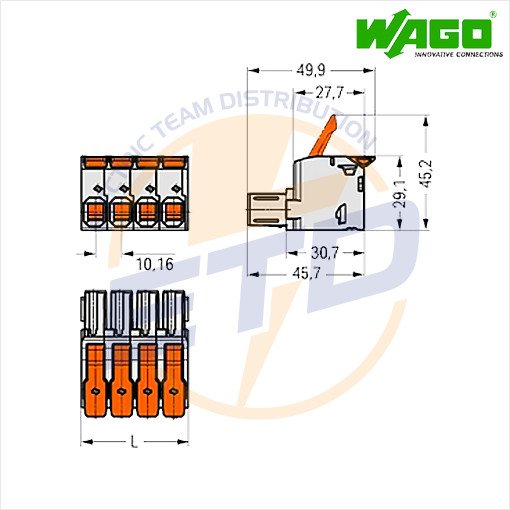 Conector cu 5 poli ordonati pentru conductor de 16 mmp WAGO 832-1105 Mama fara blocaj - Dimensiuni