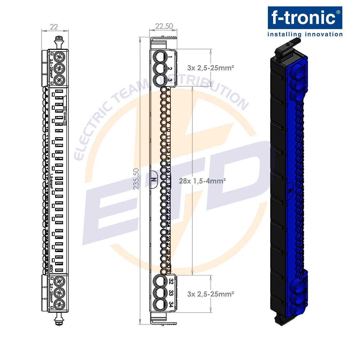 Bara de Nul cu conexiuni push-in F-Tronic SKN34 - Desen tehnic cotat