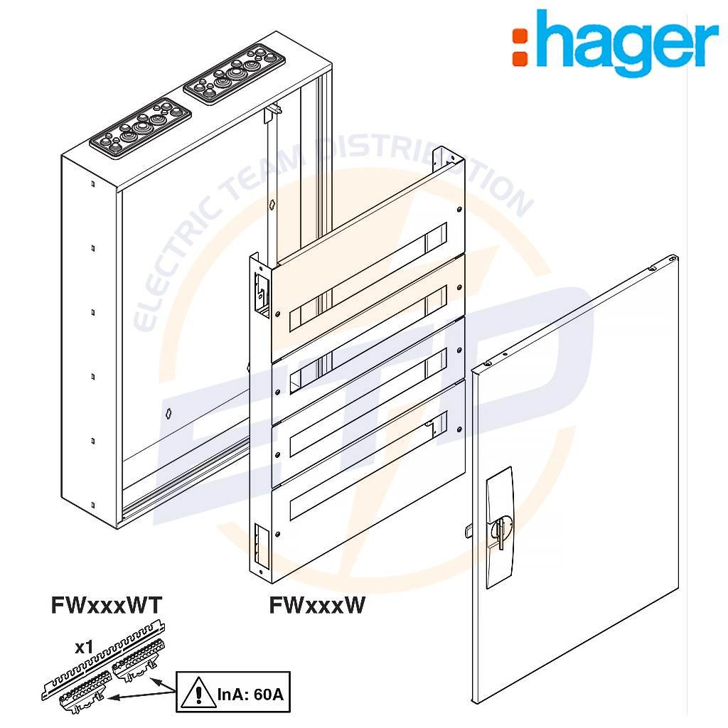 Tablou metalic aparent 60 module 5x12 cu plastroane HAGER FW512W - detaliere Tablou metalic aparent 60 module 5x12 cu plastroane HAGER FW512W - detaliere