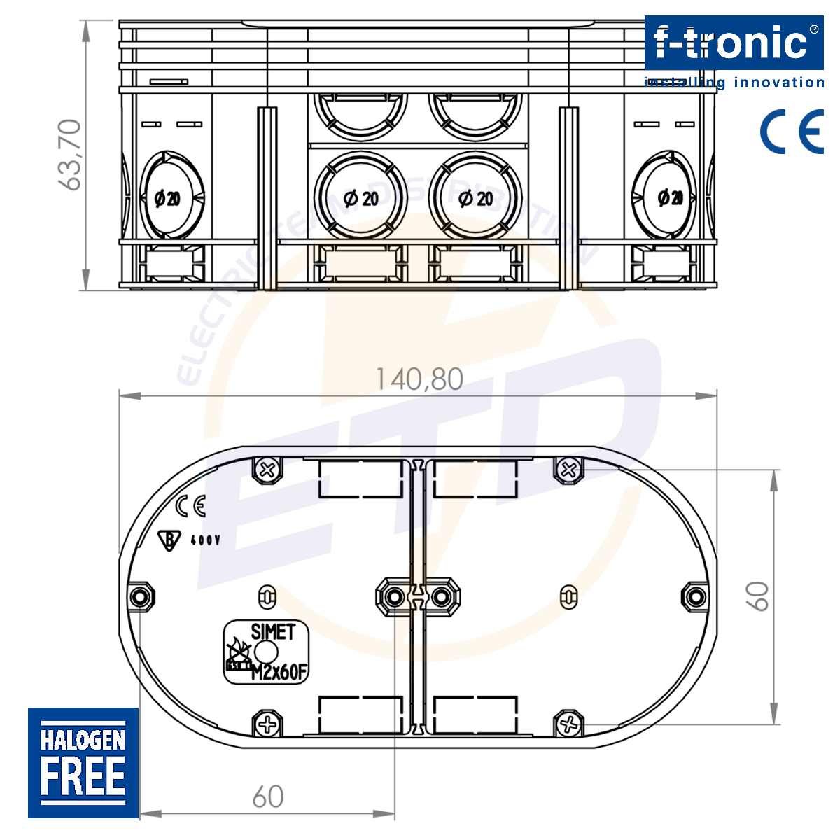 Doza aparataj DUBLA, ingropata, F-Tronic UP20, A63 mm - dimensiuni