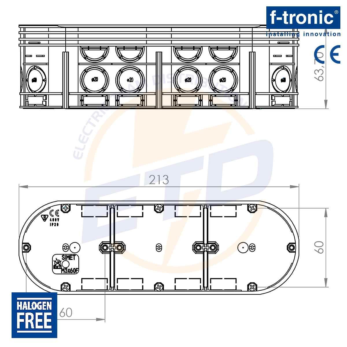 Doza aparataj Tripla, ingropata, F-Tronic UP30, A63 mm - dimensiuni cotate